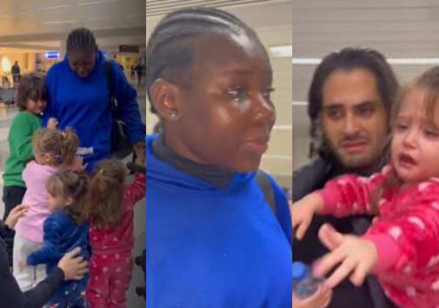 “I cried too”- Oyinbo man and his kids breaks down in tears at airport as their nanny leaves the country